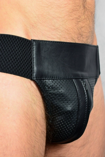 JOCKSTRAP IEM EN CUIR MICROPERFORÉ AVEC ZIP – NOIR