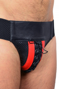 JOCK-STRAP CUIR NOIR/GRIS PERFORE A LACET