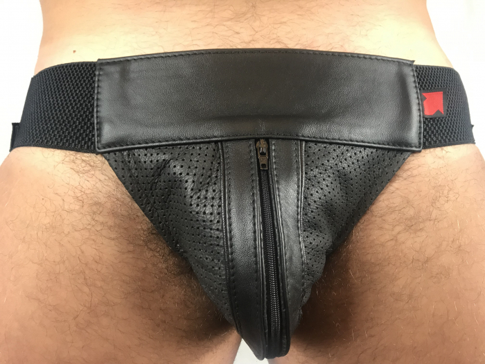 JOCKSTRAP IEM EN CUIR MICROPERFORÉ AVEC ZIP – NOIR