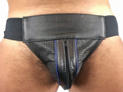 JOCK-STRAP CUIR PERFORE ZIP NOIR/BLEU