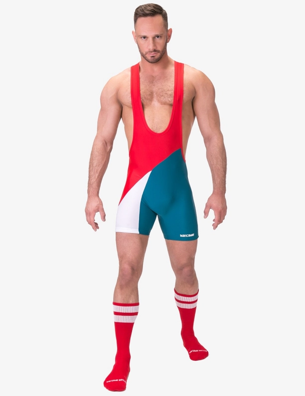 COMBINAISON DE LUTTE LUCKENWALDE ROUGE/BLANC/BLEU BARCODE